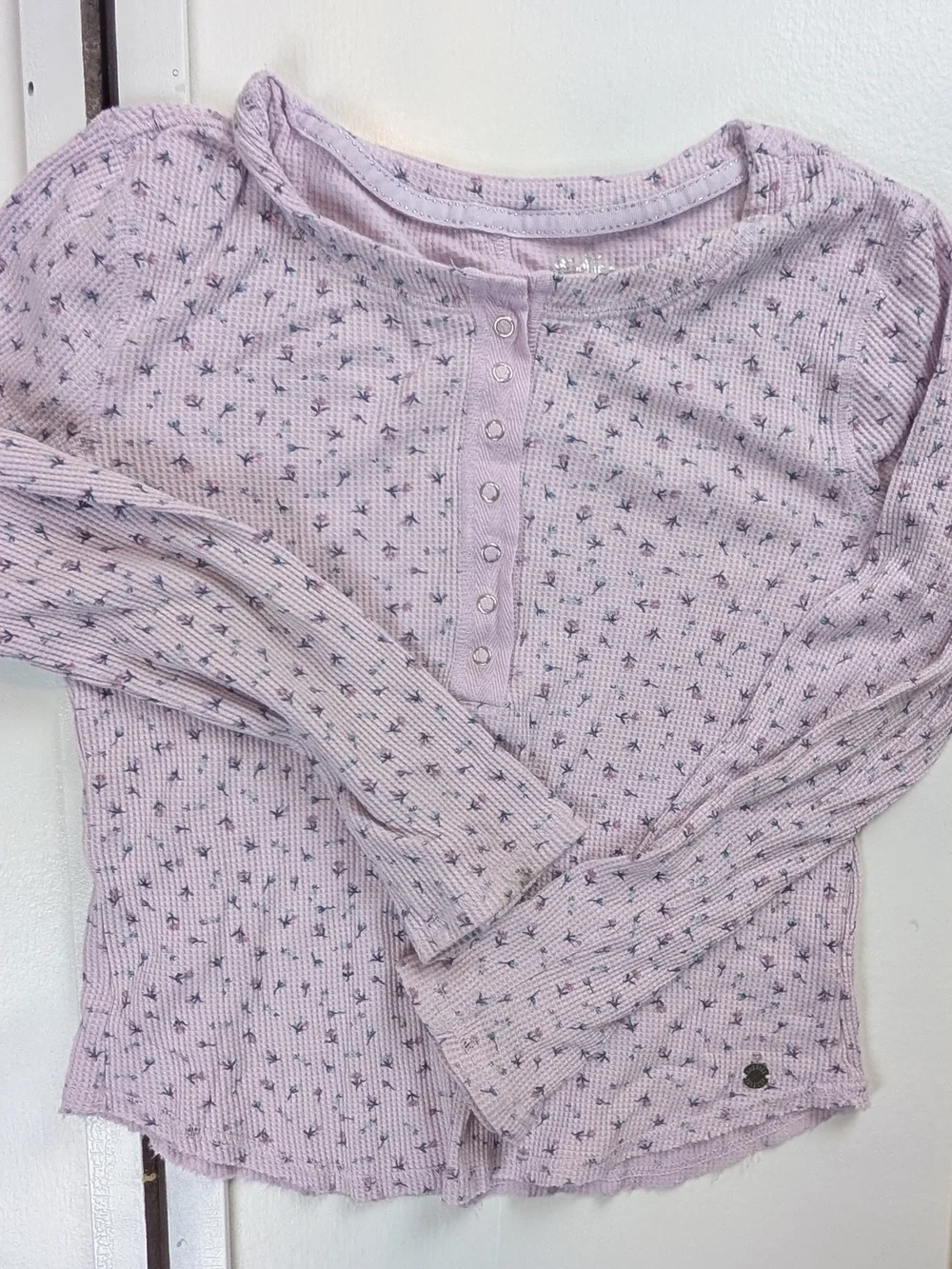 Justice Lilac Henley Long Sleeve Top with Tiny Floral Print